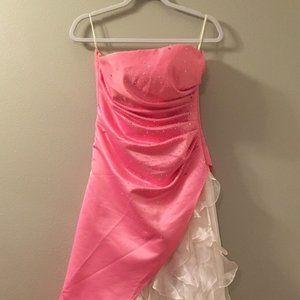Pink and White Strapless Formal Gown